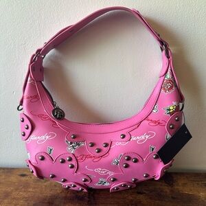 Ed Hardy Pink Studded Shoulder Bag Tattoo Graphic Silver Studs NWT